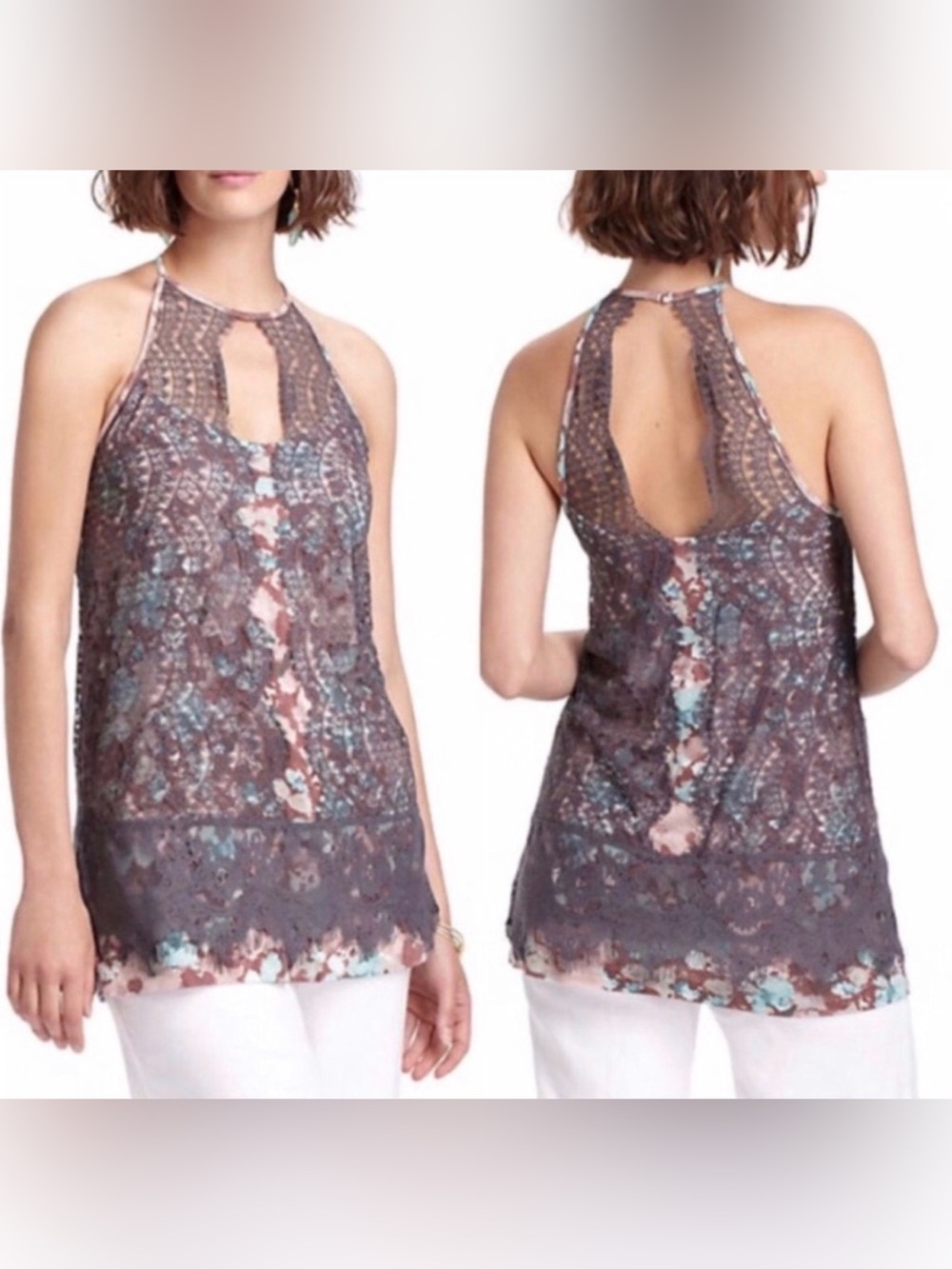 Anthropologie Lace Halter Tank in Mauve Brown Floral